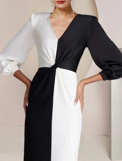 Sheath / Column Mother of the Bride Dress Formal Wedding Guest Party Elegant V Neck Floor Length Satin 3/4 Length Sleeve with Color Block