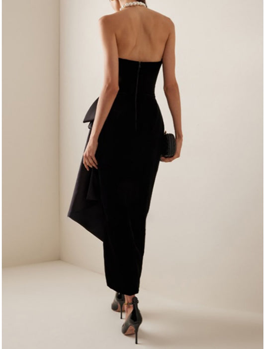 Sheath / Column Cocktail Dresses Elegant Dress Formal Black Dress Ankle Length Sleeveless Sweetheart Satin with Bow(s) Slit