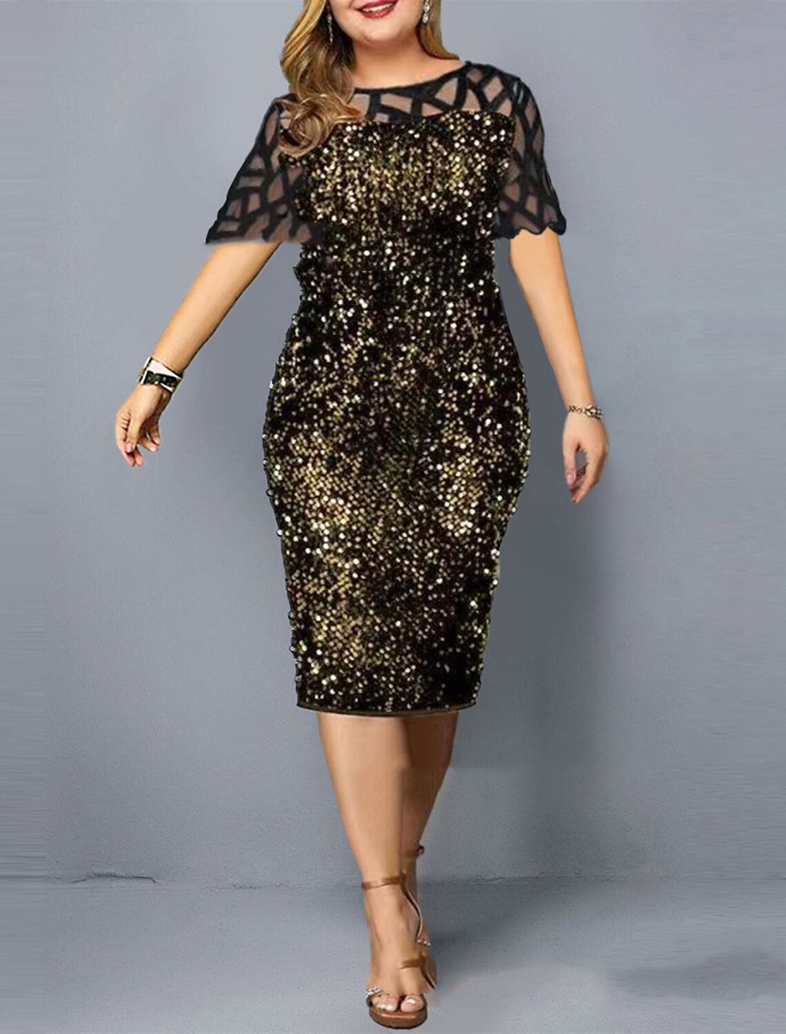 Sheath Formal Dress Red Green Dresses Plus Size Dress Wedding Wedding Guest Knee Length Short Sleeve Jewel Neck Sequined with Sequin