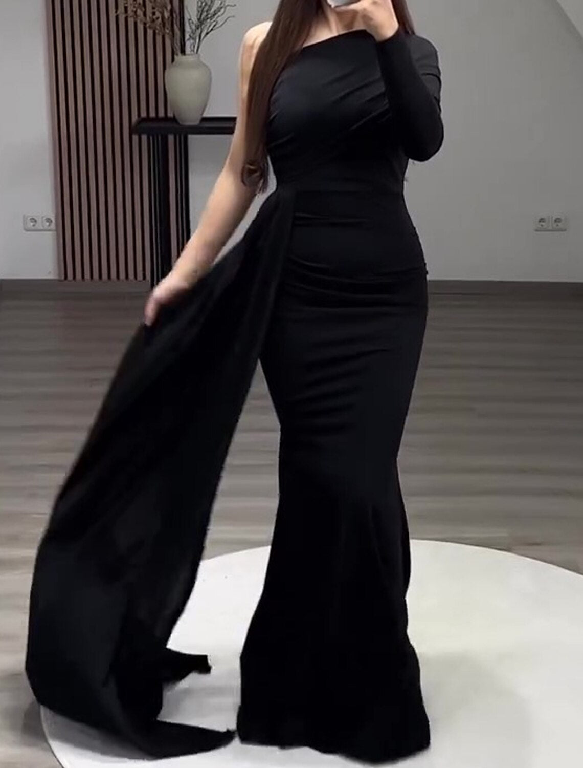 Mermaid Black Dress Evening Gown Vintage Dress Formal Masquerade Floor Length Long Sleeve One Shoulder Gothic Chiffon with Ruched