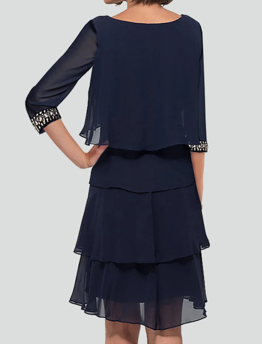 Sheath Party Dress Cocktail Dresses Tiered Plisse Dress Semi Formal Knee Length Half Sleeve Jewel Neck Fall Wedding Guest Chiffon with Rhinestone Ruffles 2026
