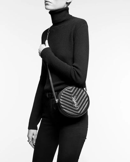 SAINT LAURENT VINYLE ROUND QUILTED GRAIN LEATHER ROUND BAG
