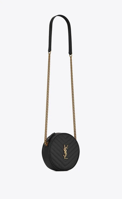 SAINT LAURENT VINYLE ROUND QUILTED GRAIN LEATHER ROUND BAG