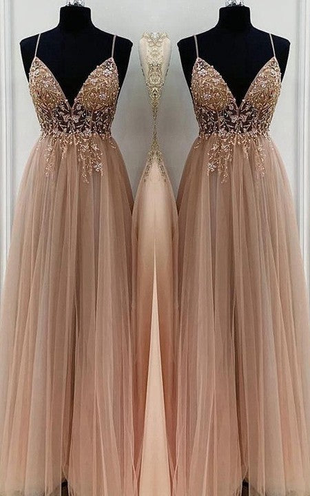 A-line/elegant beaded chiffon thin shoulder strap sleeveless floor length Prom dress