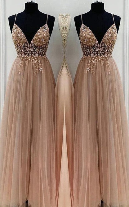 A-line/elegant beaded chiffon thin shoulder strap sleeveless floor length Prom dress