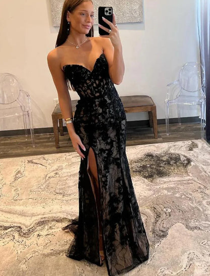A-Line Mermaid Black Dress Plus Size Evening Gown Open Back Dress Graduation Prom Sweep / Brush Train Sleeveless Sweetheart Wednesday Addams Family Lace Backless with Glitter Slit Appliques 2026