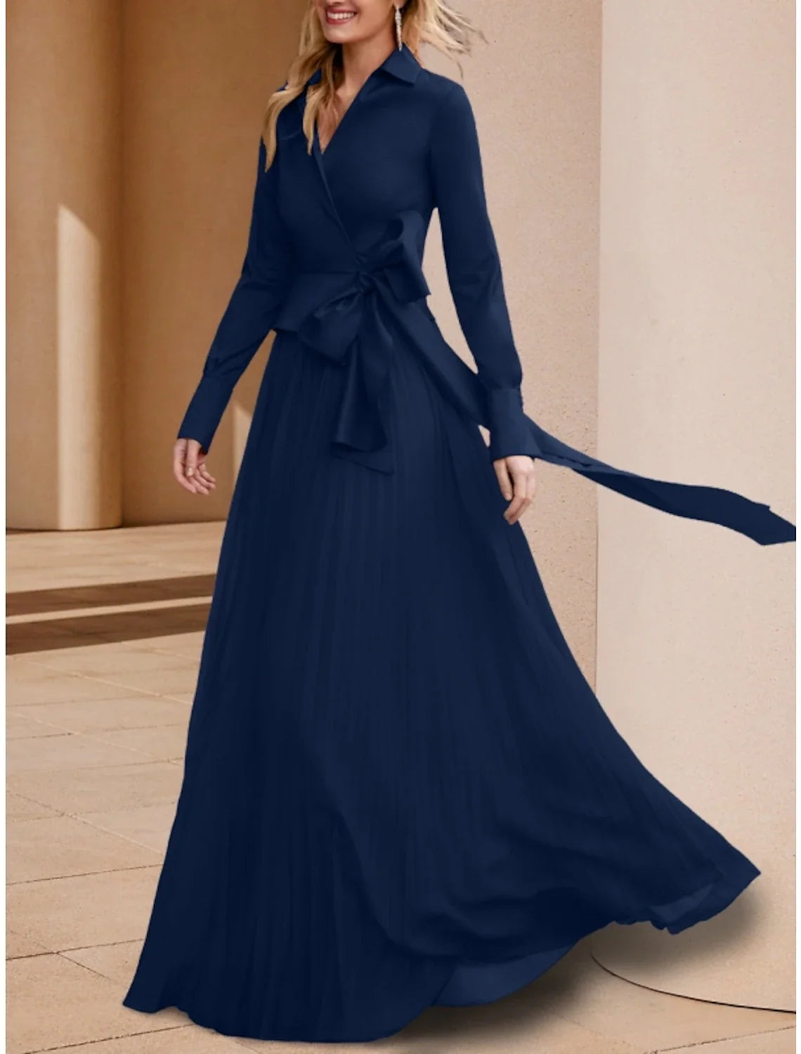 A-Line Mother of the Bride Dress Wedding Guest Elegant V Neck Floor Length Chiffon Long Sleeve with Bow(s) Ruching Solid Color