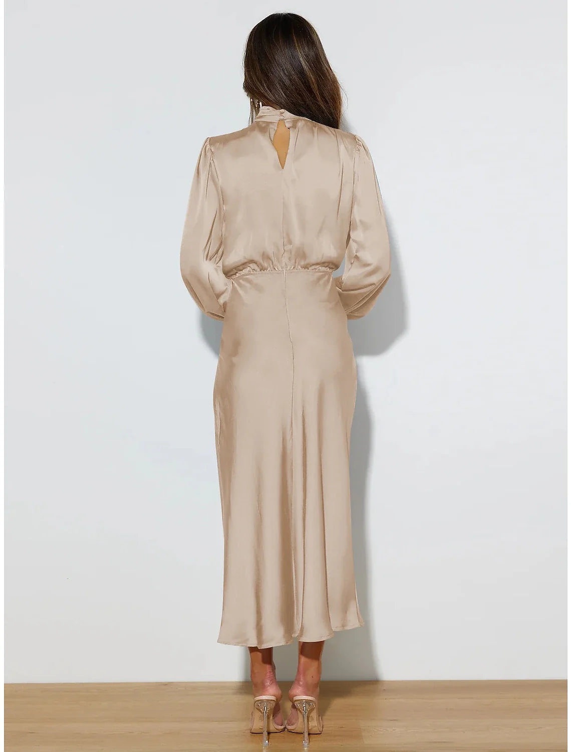 Champagne Green Pink Mermaid / Trumpet Party Dresses Vintage Dress Birthday Ankle Length Long Sleeve High Neck Fall Wedding Reception Satin