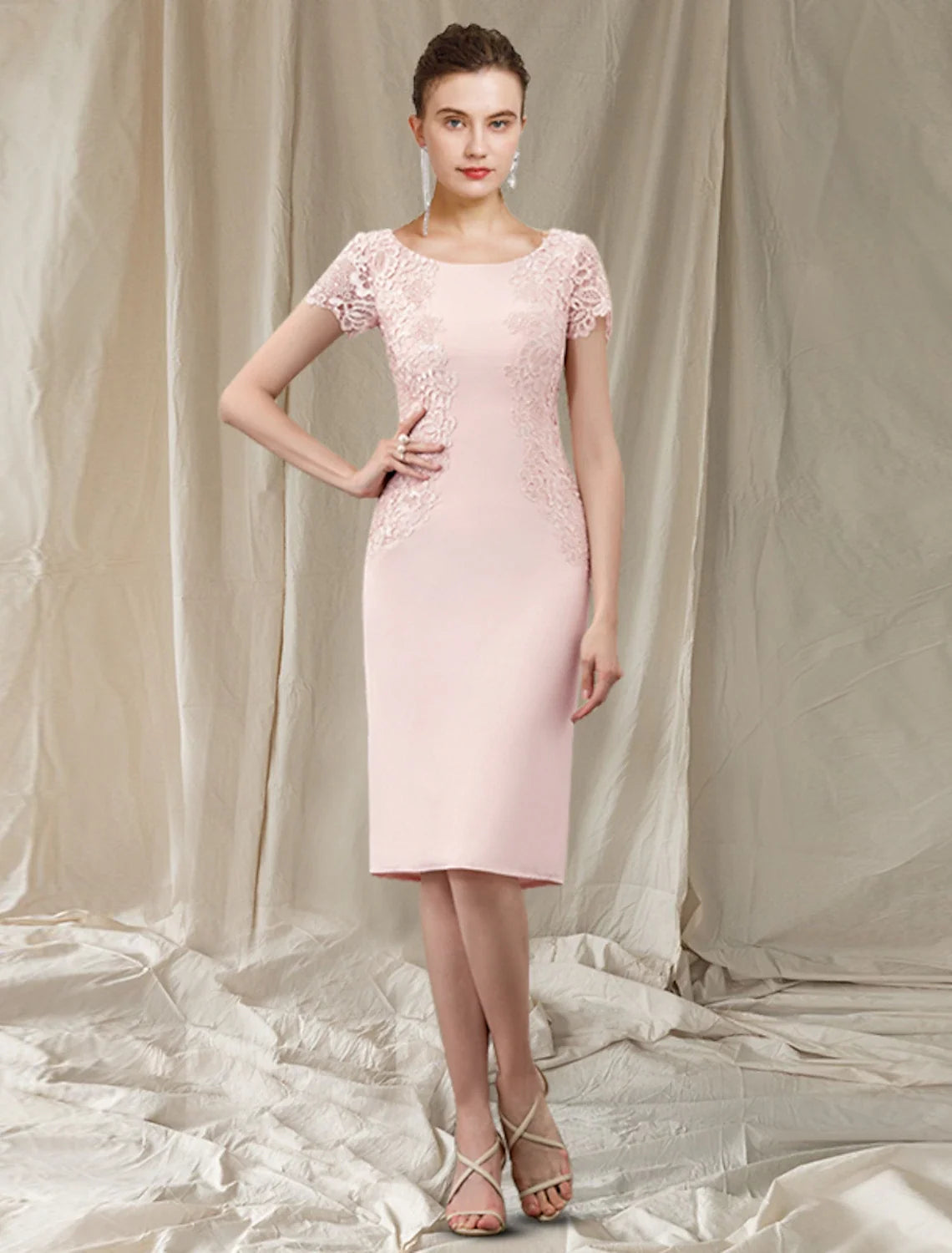 Sheath / Column Mother of the Bride Dress Elegant Jewel Neck Knee Length Lace Fabric Short Sleeve with Appliques