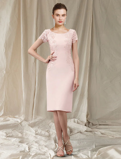 Sheath / Column Mother of the Bride Dress Elegant Jewel Neck Knee Length Lace Fabric Short Sleeve with Appliques