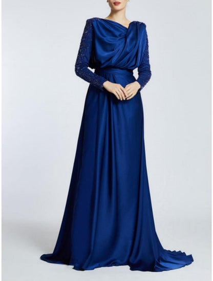 A-Line Evening Gown Black Dress Plus Size Elegant Dress Formal Sweep / Brush Train Long Sleeve Jewel Neck Satin with Pleats Sequin