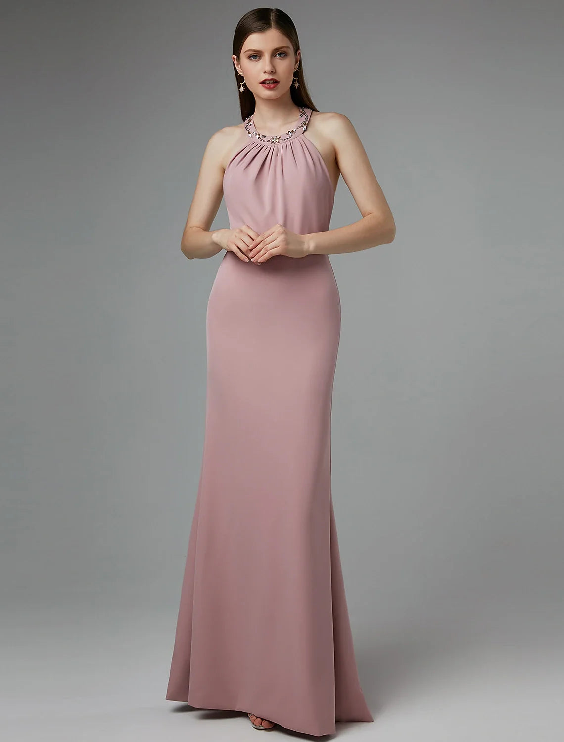 Sheath / Column Beautiful Back Dress Wedding Guest Prom Floor Length Sleeveless Halter Neck Spandex Crisscross Back with Beading