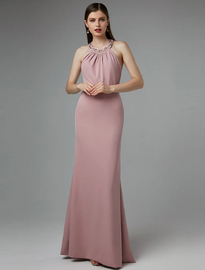 Sheath / Column Beautiful Back Dress Wedding Guest Prom Floor Length Sleeveless Halter Neck Spandex Crisscross Back with Beading