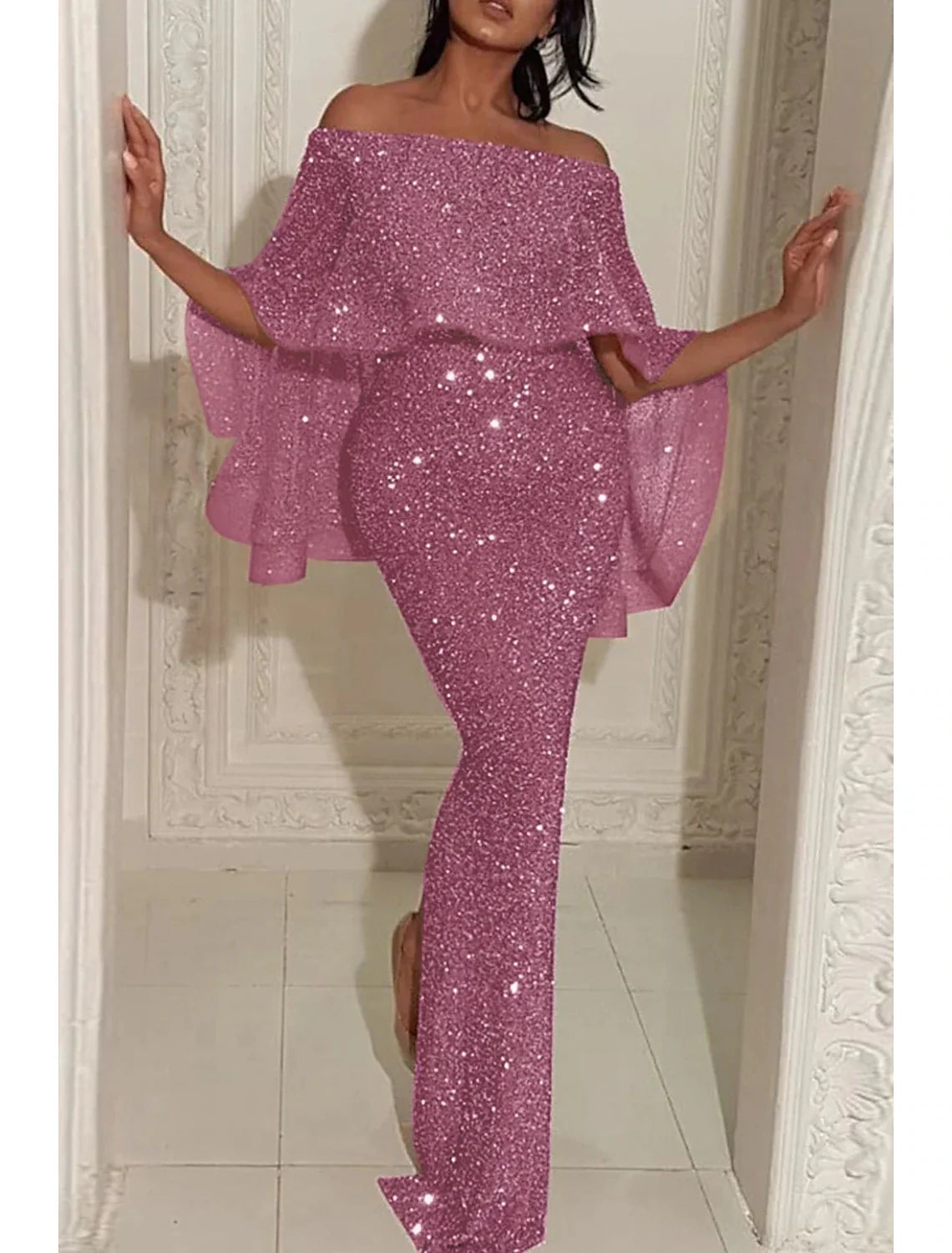 Mermaid / Trumpet Evening Gown Sparkle & Shine Dress Formal Wedding Guest Sweep / Brush Train Sleeveless Off Shoulder Capes Sequined with Sequin Slit 2026