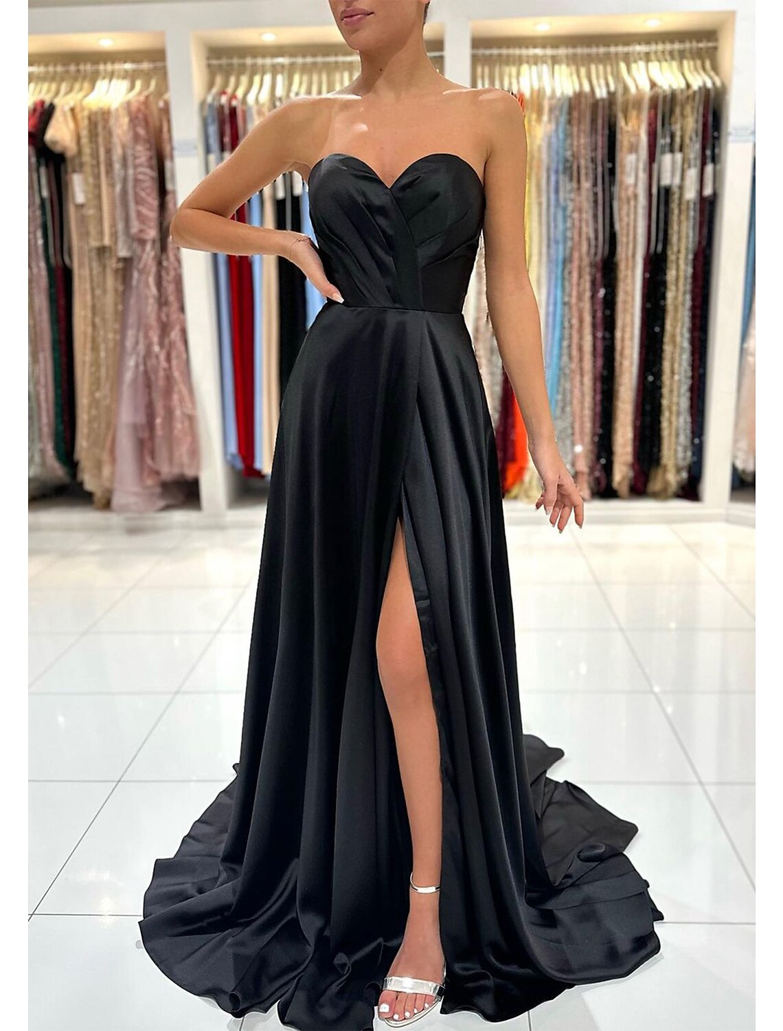 A-Line Prom Dress Christmas Red Green Dresses Empire Dress Formal Prom Sweep / Brush Train Sleeveless Sweetheart Backless with Pleats Slit 2026