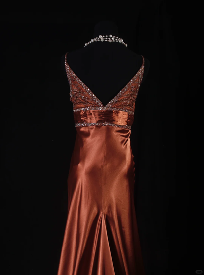 Elegant Caramel Satin Deep V-Neck Beaded Evening Gown TP5414