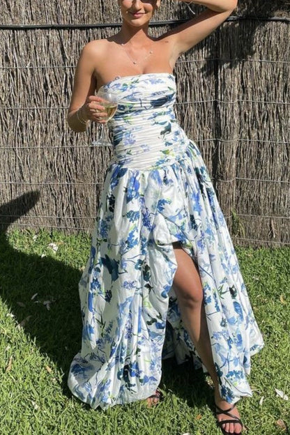 girlhomeshops-Blue And White Floral Long Satin Chiffon Ball Gown Graduation Dress gh5927