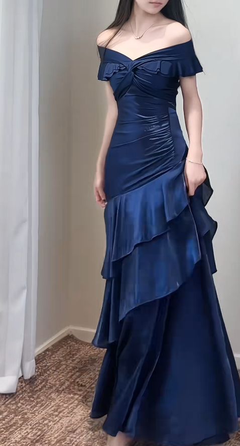 Vintage Navy Blue Off-the-Shoulder Satin Mermaid Prom Dress Ruffled Tiered Evening Gown TP5806