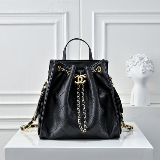 Chanel 25 Medium Size Backpack Grain Effect And Gold Metal Black 23Cm As5600 B20304 94305