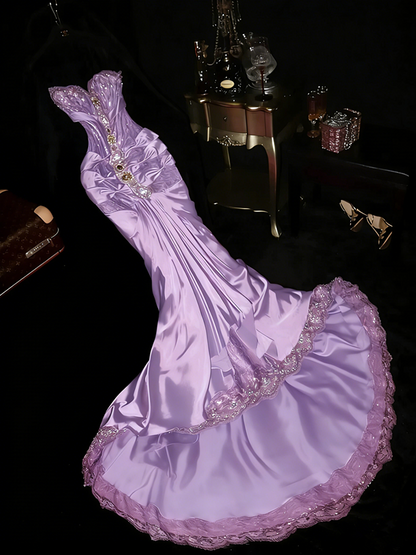 Rose pink strapless sequined sexy fitted long ball gown R7001