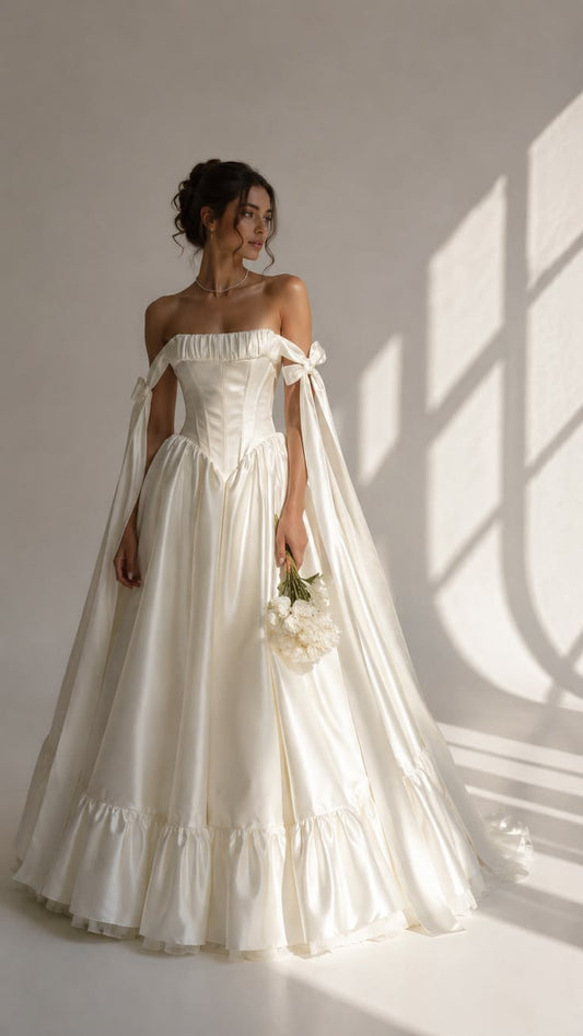 Elegant Ivory Off-the-Shoulder Satin Corset Bow Ribbon A-Line Wedding Dress TP5905
