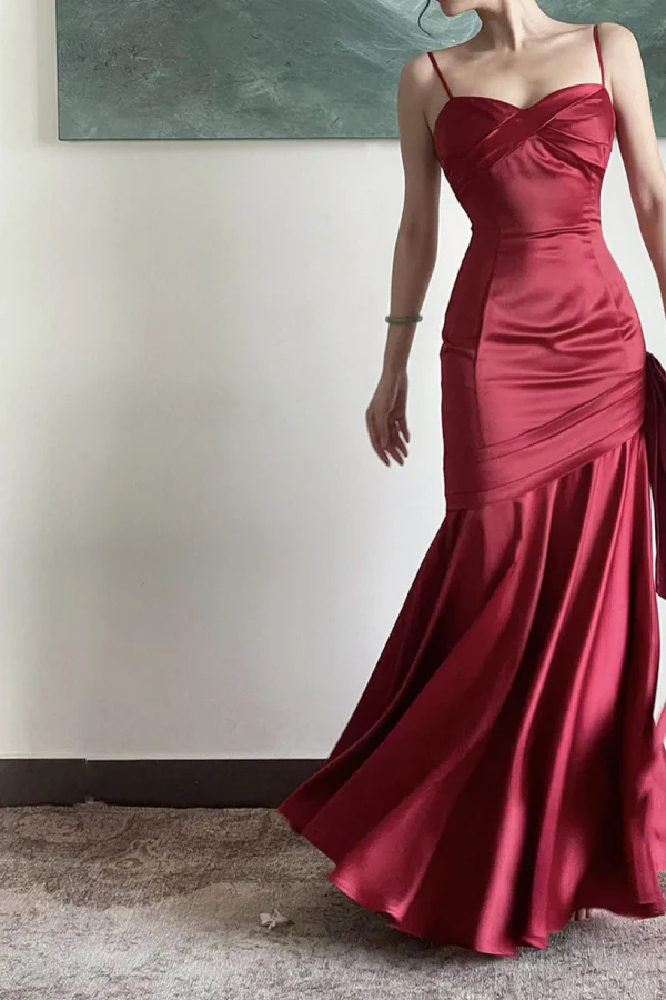 Vintage Burgundy Satin Spaghetti Strap Mermaid Evening Gown Ruched Sweetheart Prom Dress TP5843
