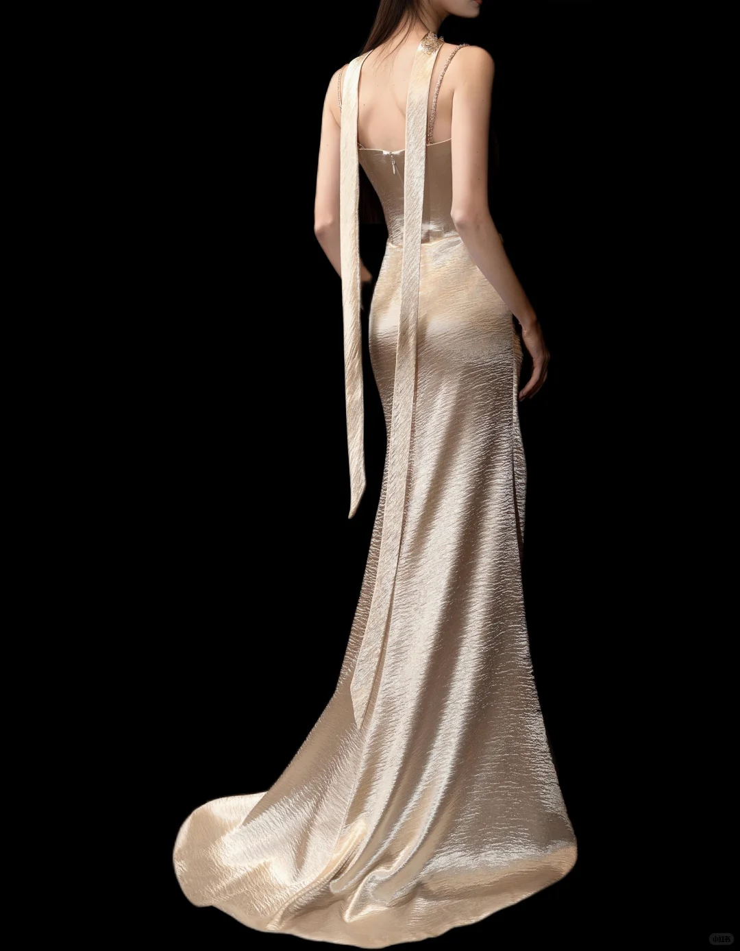 Gold Spaghetti Straps Waist-Cinched Fitted Satin Elegant Long Evening Dress, Fairy Gown, Romantic Gown gh7375