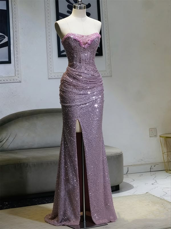 Vintage Sequin Strapless Mermaid Gown Sweetheart High Slit Evening Dress TP5717
