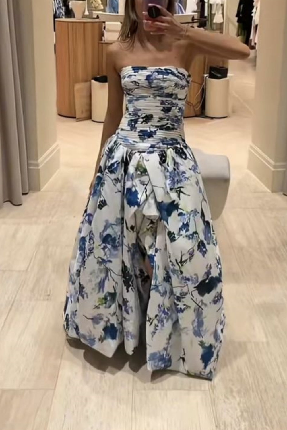 girlhomeshops-Blue And White Floral Long Satin Chiffon Ball Gown Graduation Dress gh5927