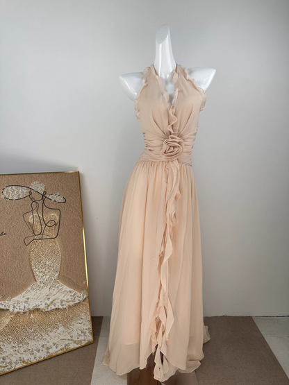 Ethereal Chiffon Halter Neck Evening Gown Floral Prom Dress TP5707