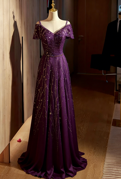 Vintage Silver Beaded A-Line Off-Shoulder Tulle Evening Gown TP5471