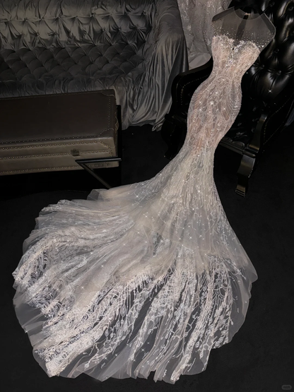 Vintage Sheer Lace Mermaid Beaded Sweetheart Evening Gown TP5396