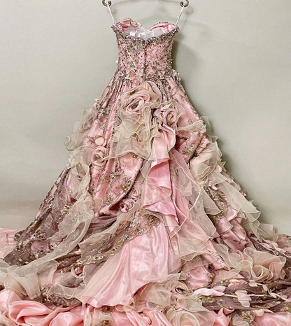 Glamorous Pink 3D Floral Strapless Beaded Sweetheart Ruffled Tulle Sweet 15 Quinceanera Ball Gown TP5491