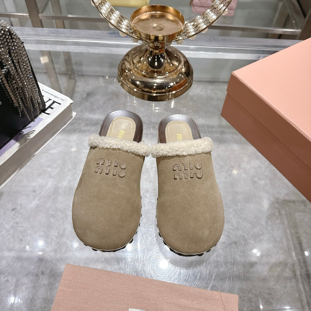 MIUMIU SUEDE CLOGS BEIGE