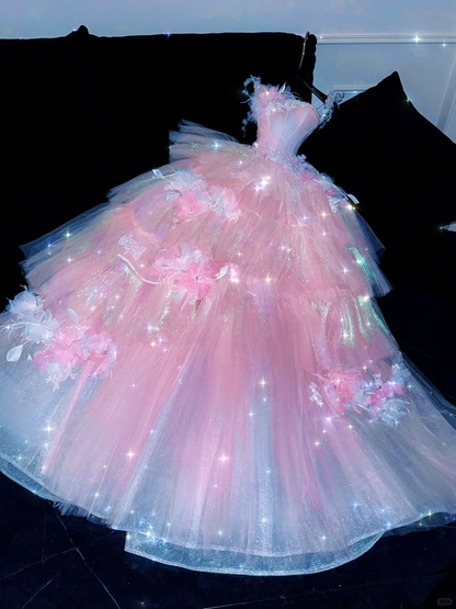 Sparkling Elegant Pink A-Line Tiered Prom Dress Evening Dress Ball Gown TP4211