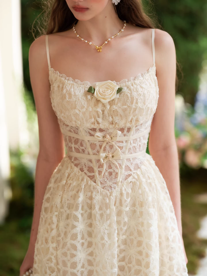 Champagne 3D Floral Lace Evening Gown Cutout Waist A-Line Midi Prom Dress TP5689