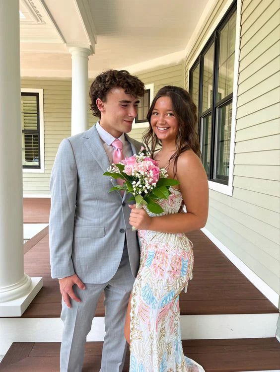 (out of stock)White gorgeous shiny exquisite beaded spaghetti strap sequined backless long chiffon ball gown prom dress evening gown holiday party dress gh2799