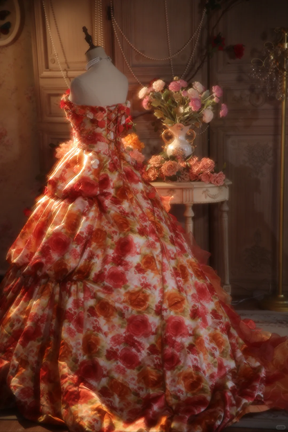 Vintage Floral Strapless Ruffled Formal Sweet 15 Quinceanera Ball Gown TP5528