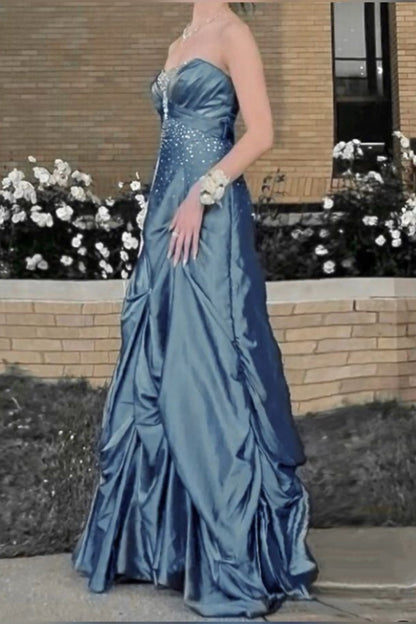 Dusty Blue Satin Beaded Bandeau Gown: Heavy Sparkle Stone, Ruched Mermaid, High-end Evening Maxi Dress gh6602