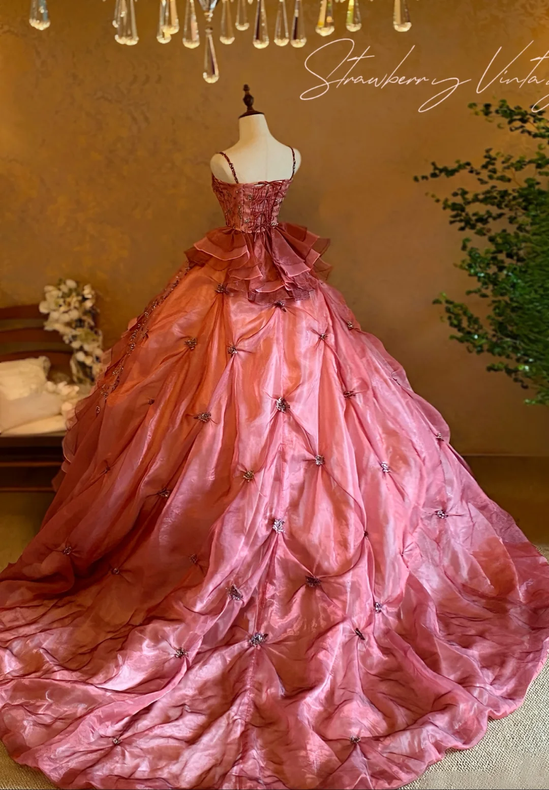 Vintage Pink Ombre Tiered Tulle Embroidered Bodice Bead A-Line Detachable Straps Quinceañera Ball Gown TP5165
