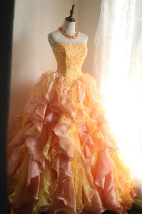 Vintage Ombre Yellow-Pink Ruffled Organza Strapless Beaded Quinceanera Sweet 15 Ball Gown TP5864