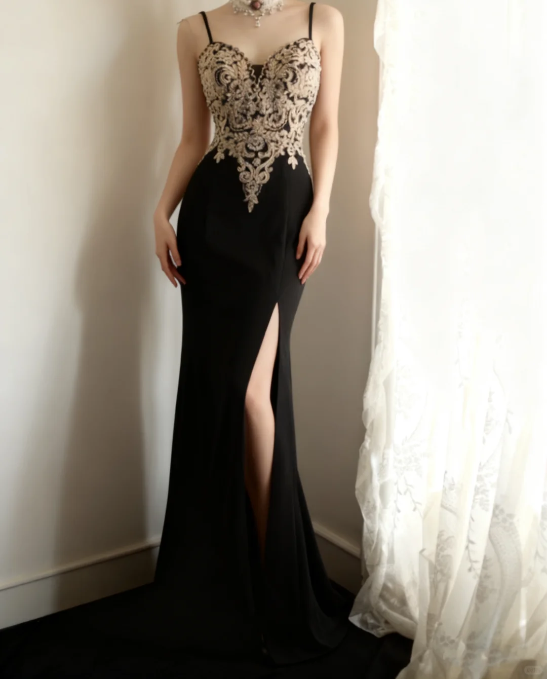 Elegant Black Mermaid Evening Gown with Champagne Lace Applique & High Slit TP5634