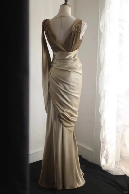 Elegant Satin Deep V-Neck Mermaid Evening Gown Beaded Draped Prom Dress TP5628