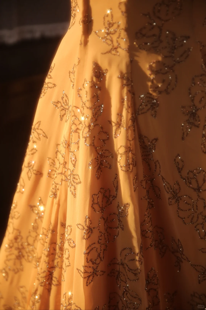 Vintage Mustard Yellow Sequin Floral Embroidery Spaghetti Strap Evening Gown TP5520