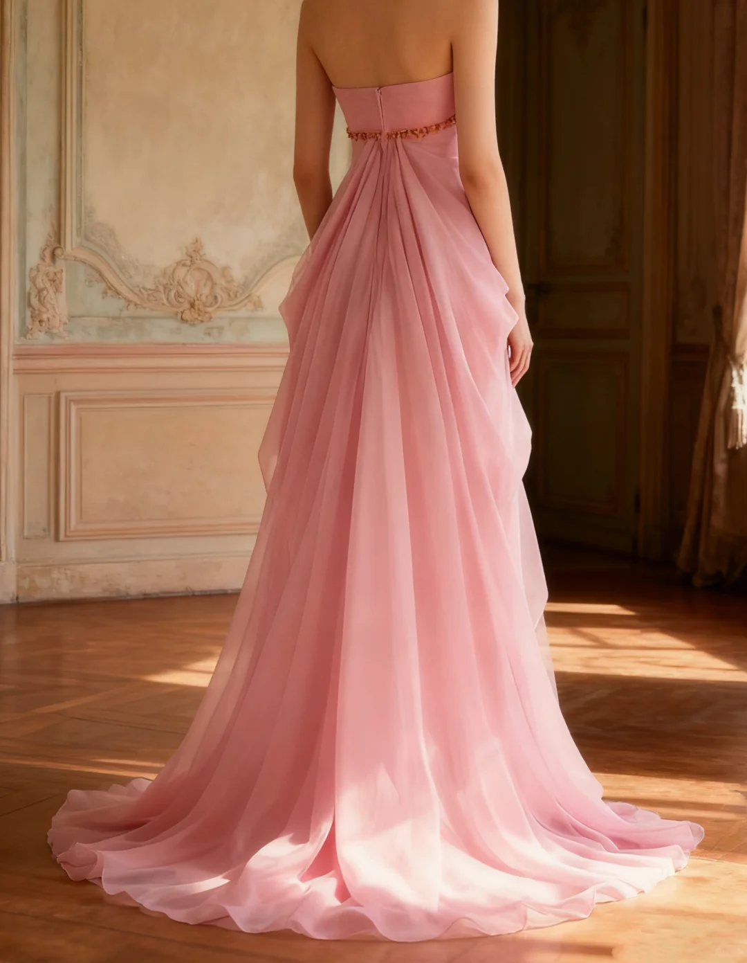 Elegant Pink Halter-Neck Evening Gown Beaded Trim & Flowing Chiffon Prom Dress TP5637