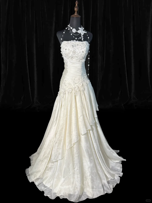Elegant Ivory Applique Beaded Evening Gown A-Line Strapless Party Dress Floor Length Formal Dress TP4896