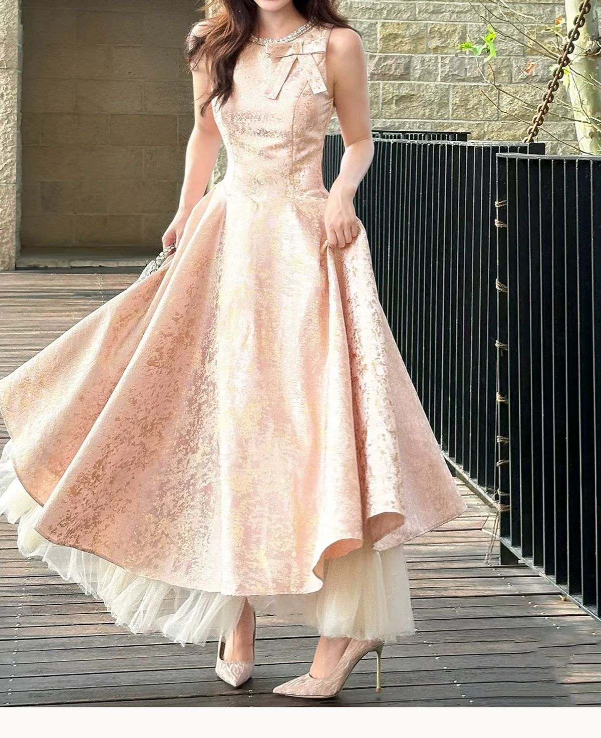 Vintage Pink Jacquard Sleeveless Beaded Scoop Neck A-Line Tea Length Tulle Hem Prom Dress TP5875