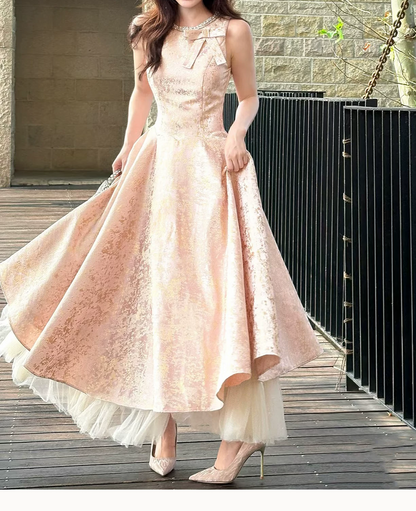 Vintage Pink Jacquard Sleeveless Beaded Scoop Neck A-Line Tea Length Tulle Hem Prom Dress TP5875