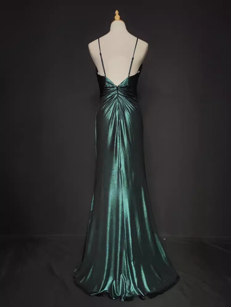 Vintage Emerald Green Satin Spaghetti Strap Sheath Ruched Evening Gown TP5564