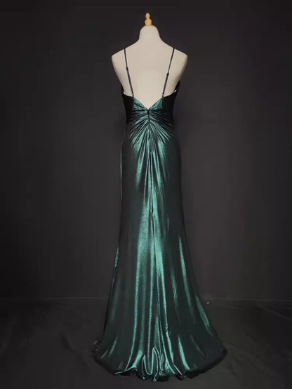 Vintage Emerald Green Satin Spaghetti Strap Sheath Ruched Evening Gown TP5564